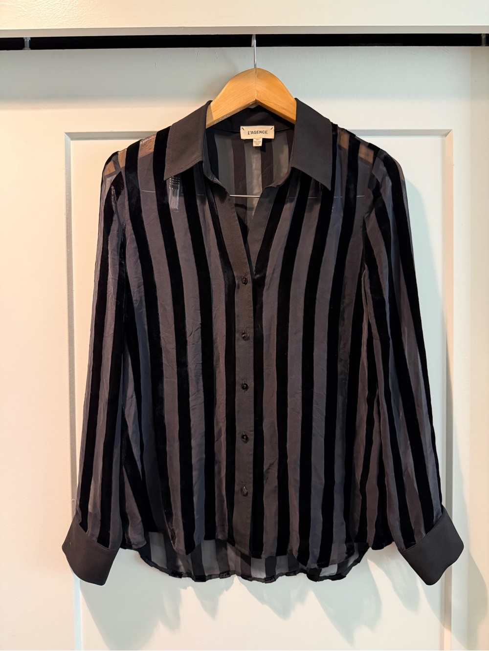 L'AGENCE Black Silk Striped Sheer Button-Down Shirt Size XS